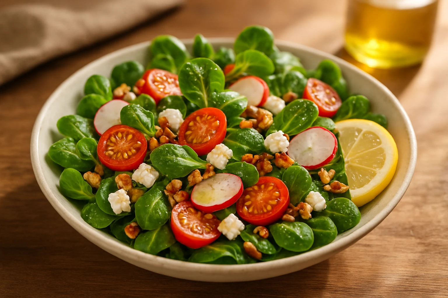 Friss saláta zöld levelekkel, koktélparadicsommal, retekkel és dióval.