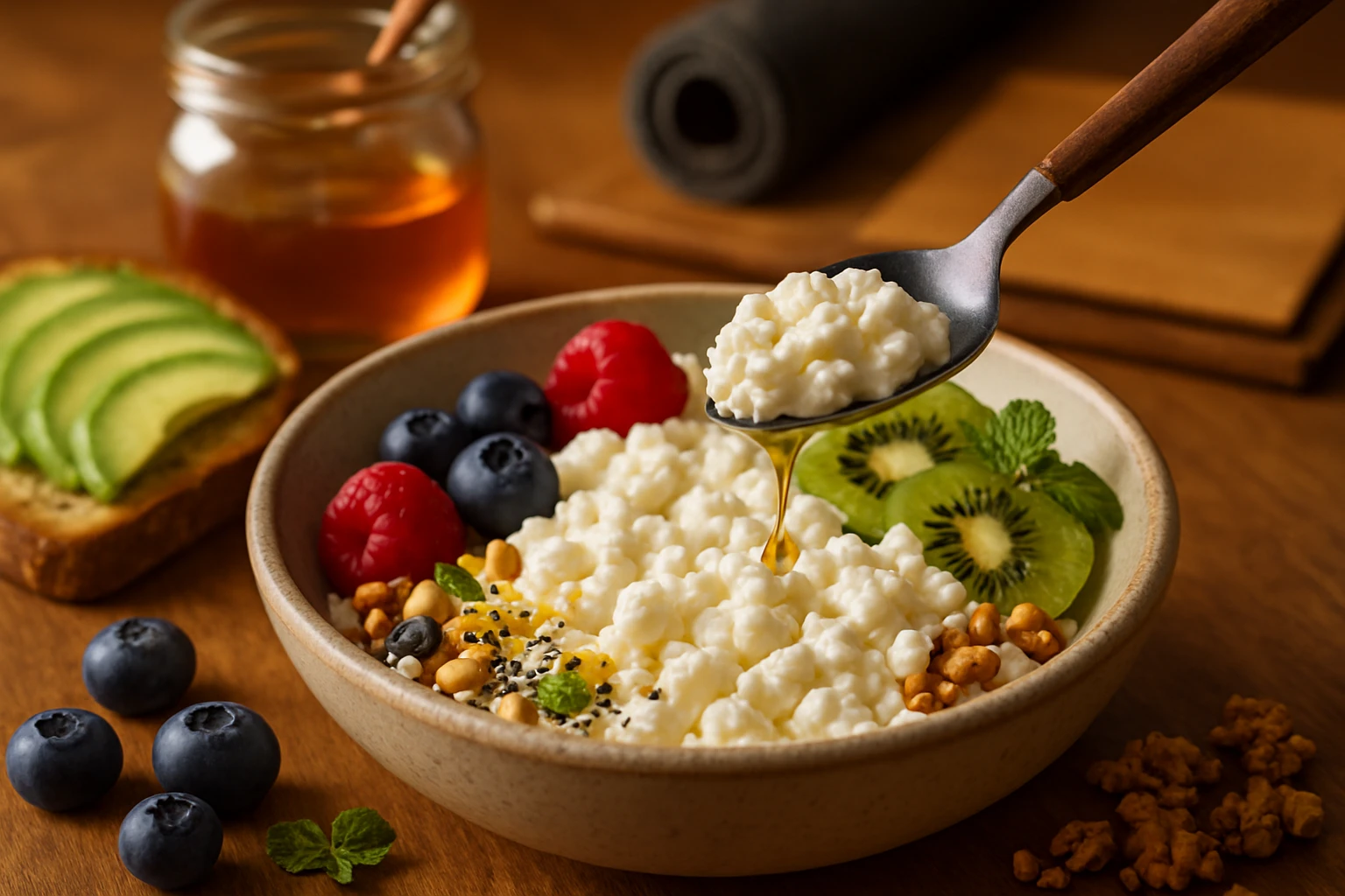 Túró az étrendben: Fehérjében gazdag szuperélelmiszer a vitalitásért 39 Egy tál túró, friss gyümölcsökkel, mézzel és magvakkal díszítve.