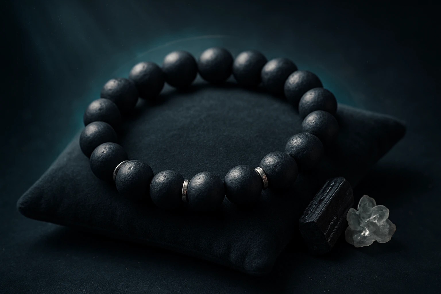 Turmalin karkötő: Energiavédelem, gyógyulás és spirituális feltöltődés 33 Fekete gyöngyökből készült karkötő, ezüst díszítéssel, sötét háttér előtt.