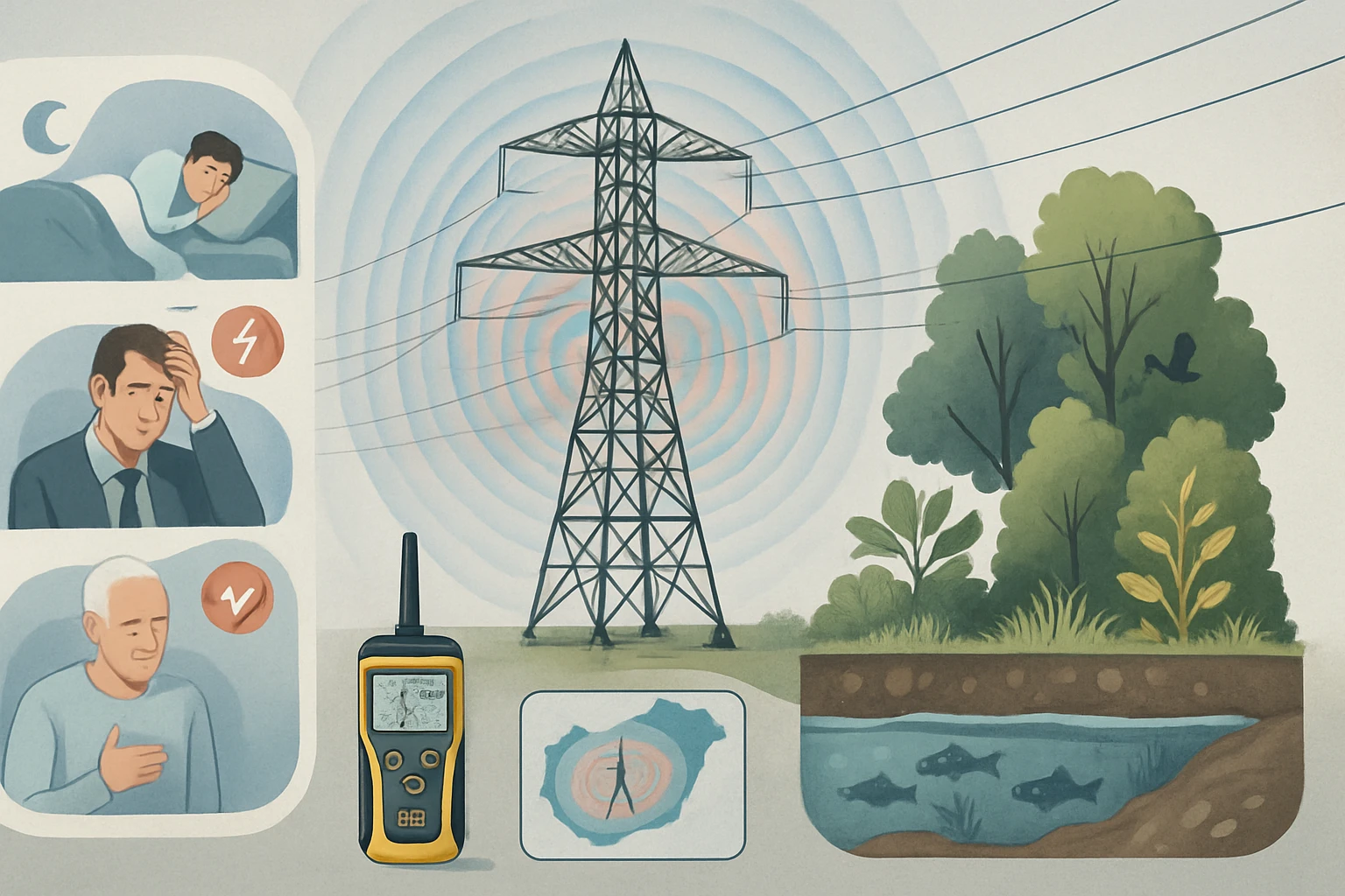 Magasfeszültség és egészség: Milyen hatással van ránk és a környezetre? 13 Egy elektromos vezeték, mellette emberek különböző állapotokban és egy víz alatti jelenet.