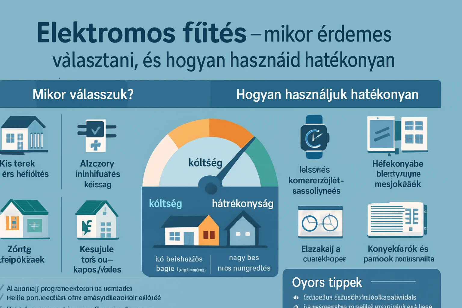 Elektromos fűtés – mikor érdemes választani, és hogyan használd hatékonyan 2 Infografika az elektromos fűtés előnyeiről és hatékony használatáról.