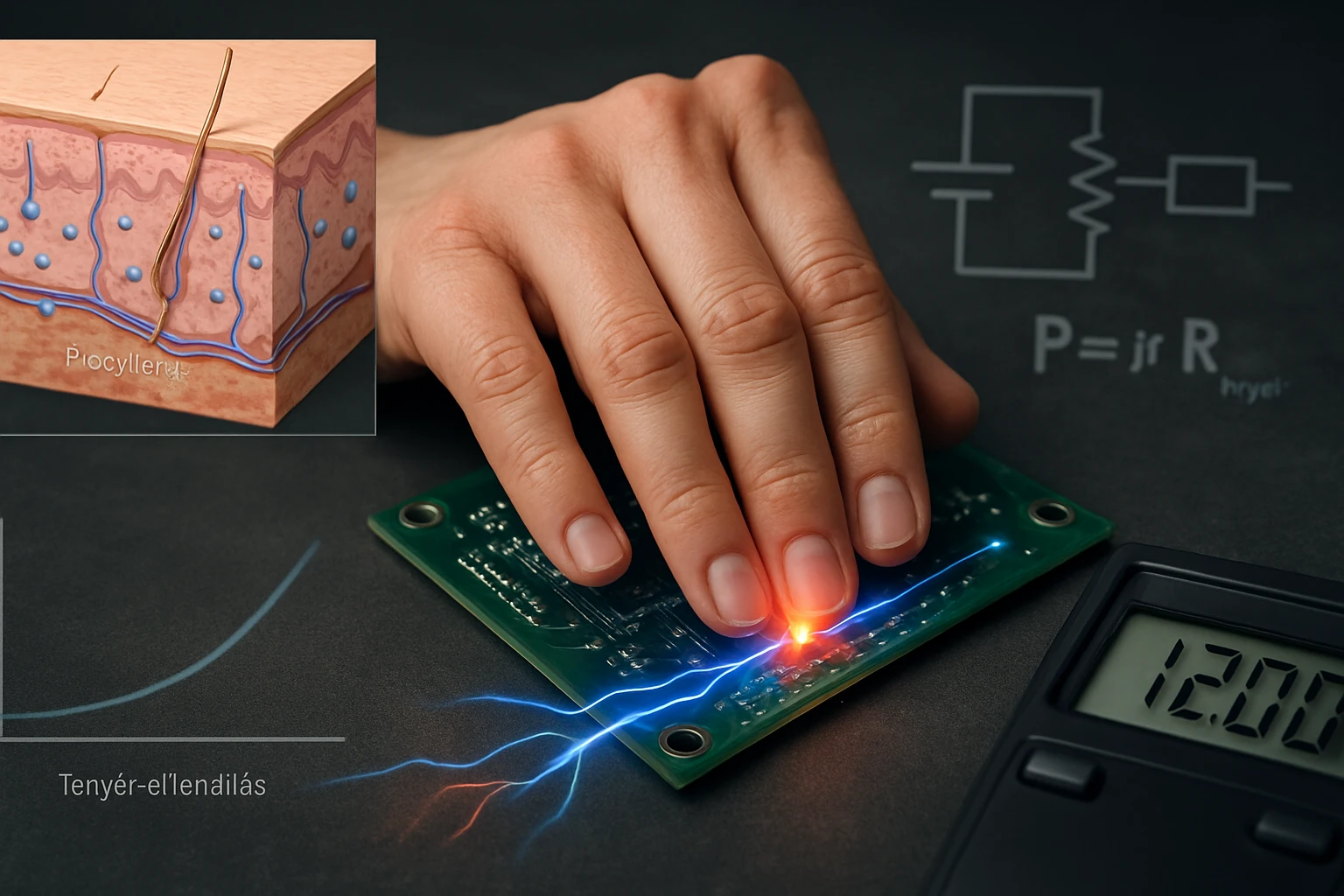 A tenyérellenállás hatása az elektromos áramkörök teljesítményére 2 Egy kéz érintkezik egy áramkörrel, amelyen fény és elektromos impulzusok láthatók.