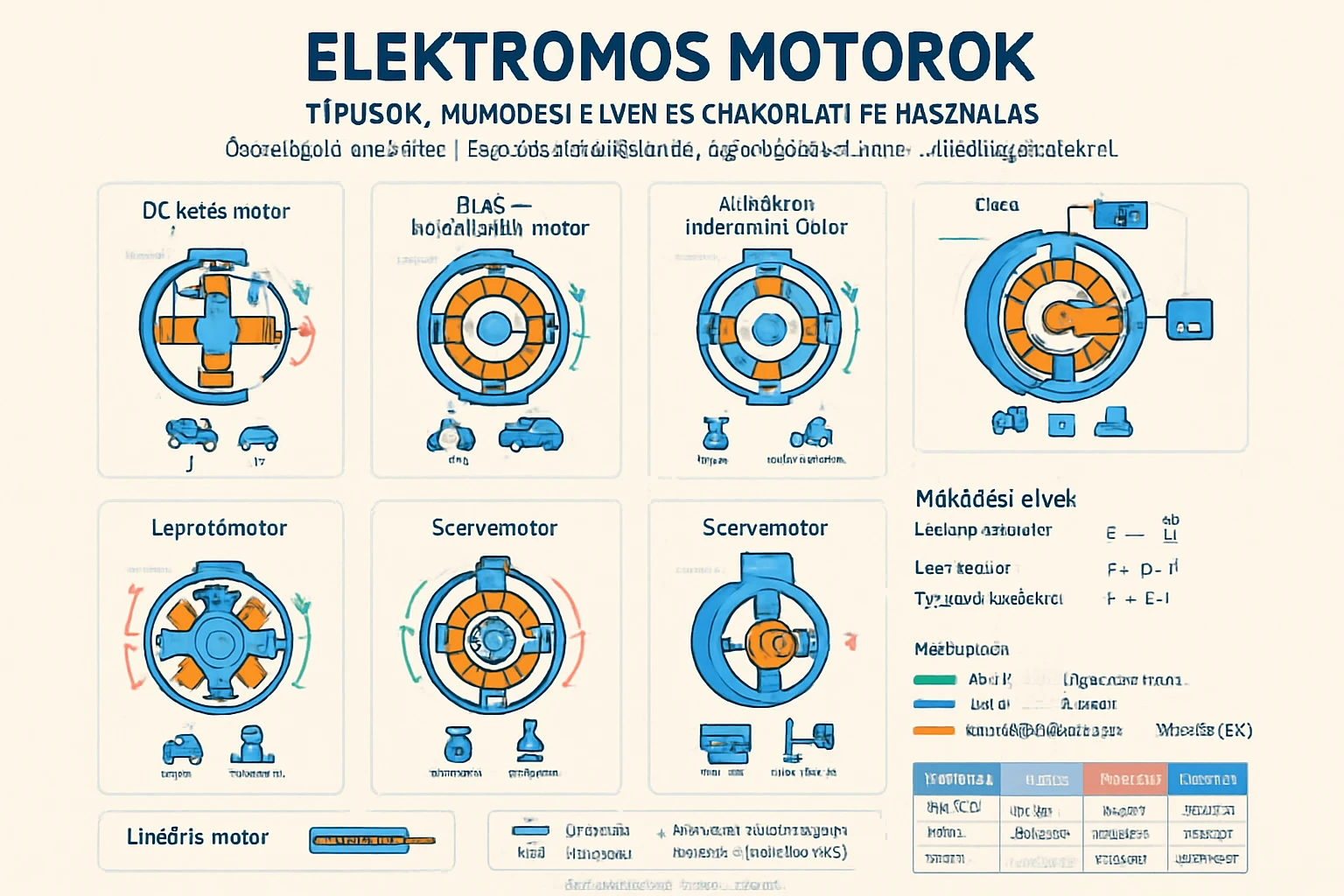 Elektromos motorok: Típusok, működési elvek és gyakorlati felhasználás 19 Elektromos motorok típusai és működési elveik grafikus ábrázolása.