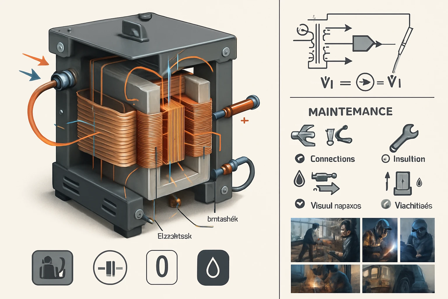 Hegesztő trafó: Működése, karbantartása és gyakorlati alkalmazása 39 Egy elektromos transzformátor részletes ábrázolása, amely bemutatja a belső alkatrészeket és a csatlakozásokat.