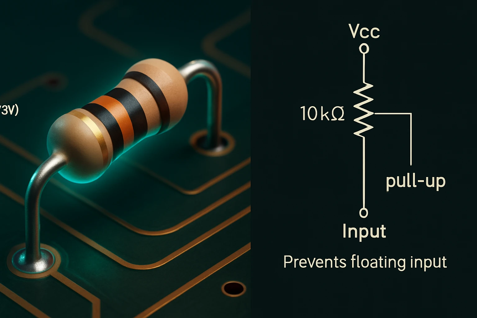 Egy ellenállás látható, amely a nyomtatott áramkörön helyezkedik el, világító hatással.
