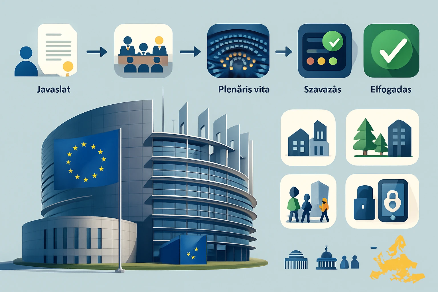 Az Európai Parlament épülete, körülötte a döntéshozatali folyamat lépései.