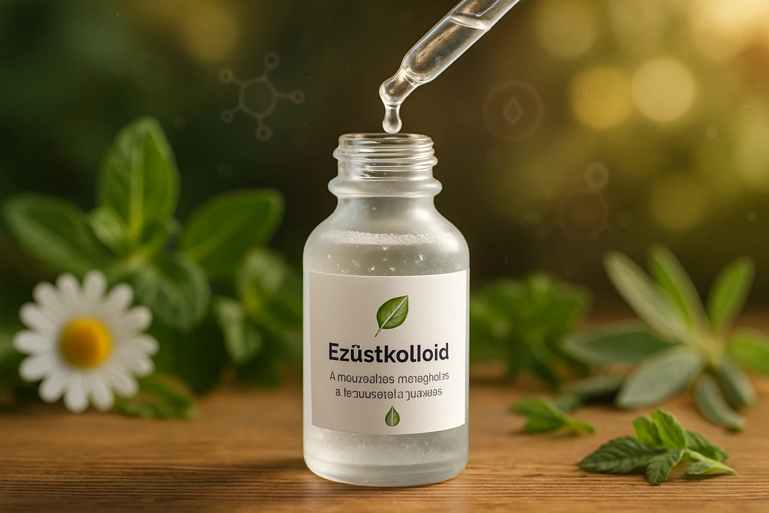 Ezüstkolloid: A természetes megoldás a fertőzések és gyulladások ellen 2 Ezüstkolloid üvegpalack, pipettával, gyógynövények között.