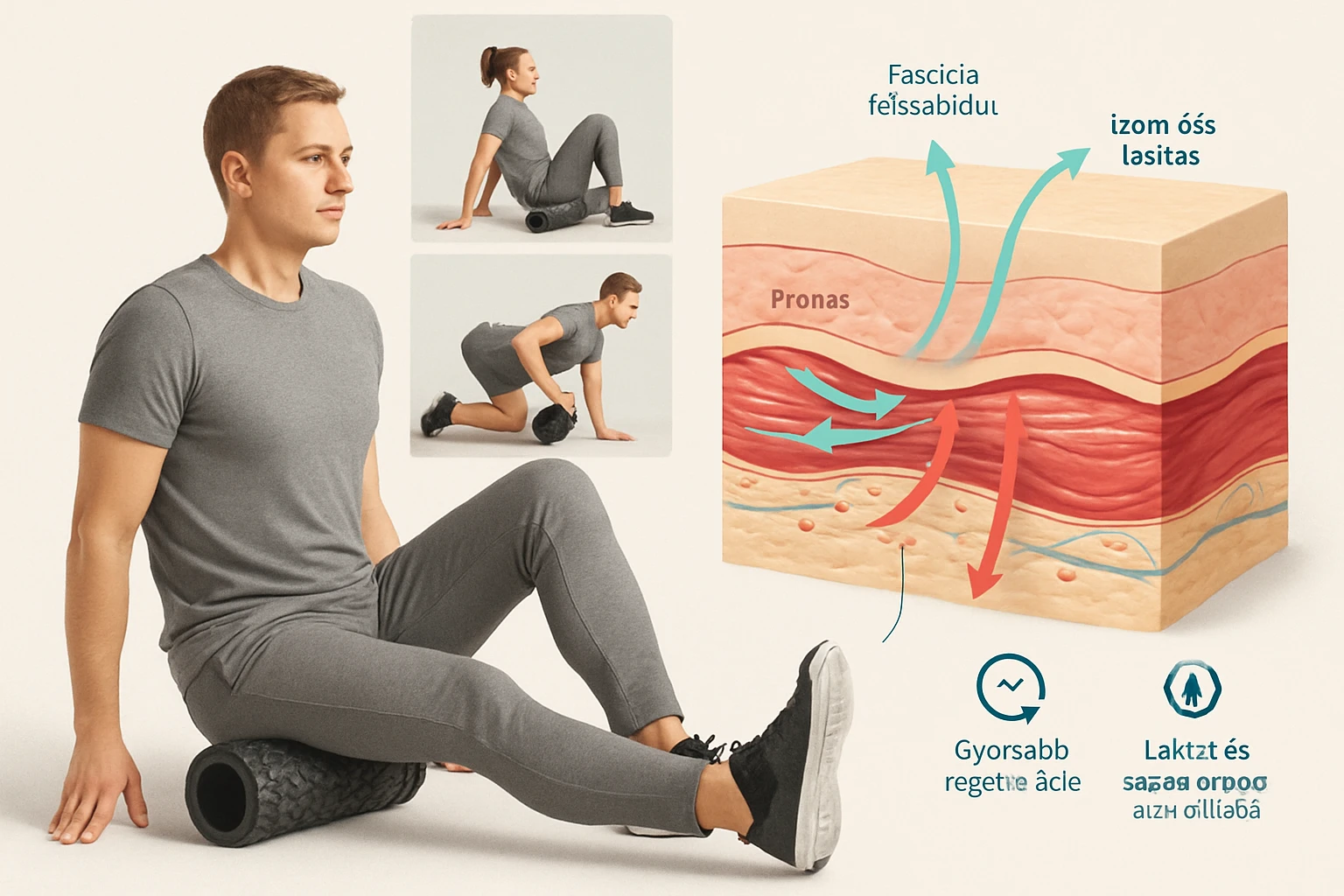 Egy férfi fekete hengerrel végzi a fascia lazítást, miközben a bőr rétegeit ábrázoló grafika látható.