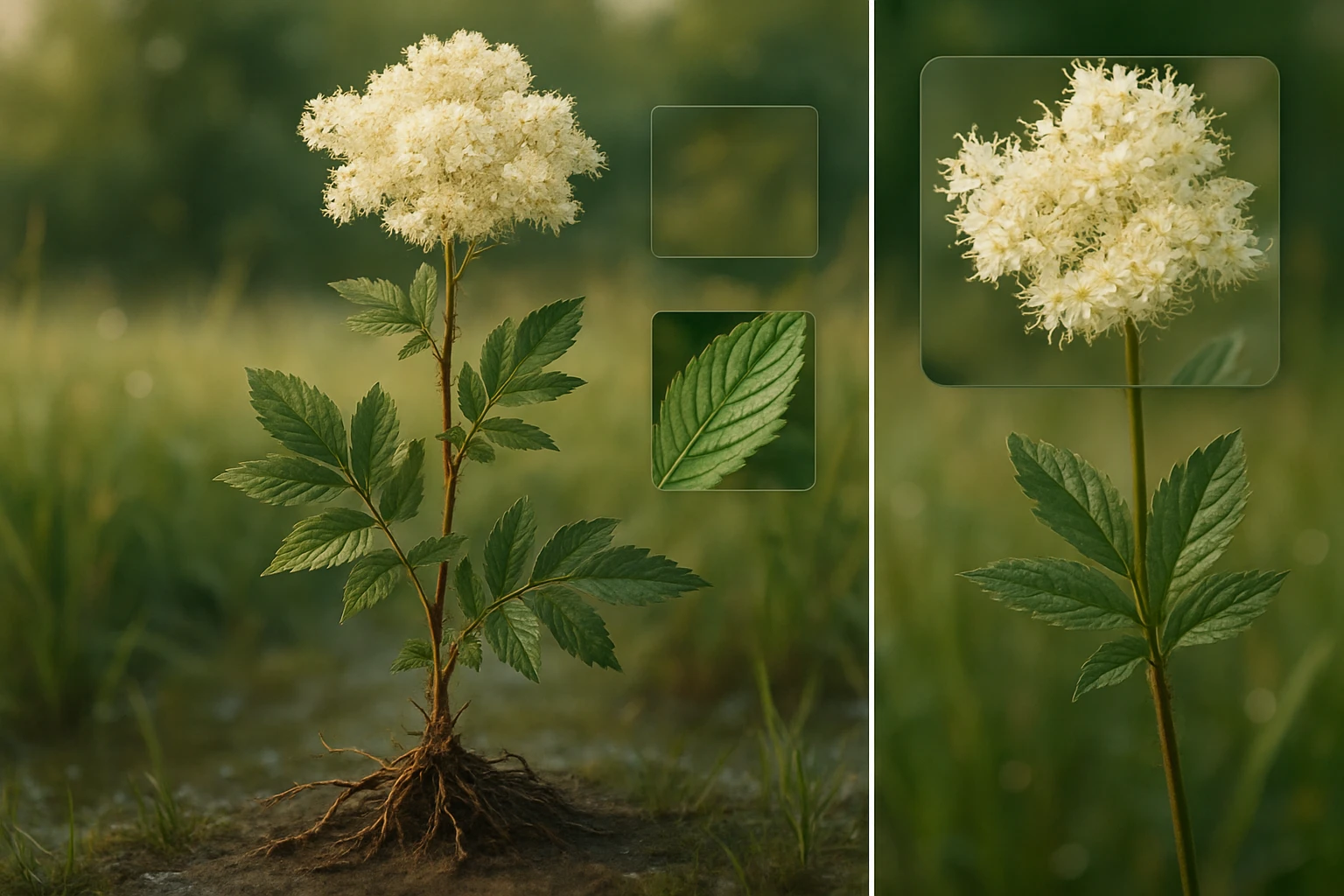 Egy fehér virágú növény, zöld levelekkel, gyökerekkel a földben.