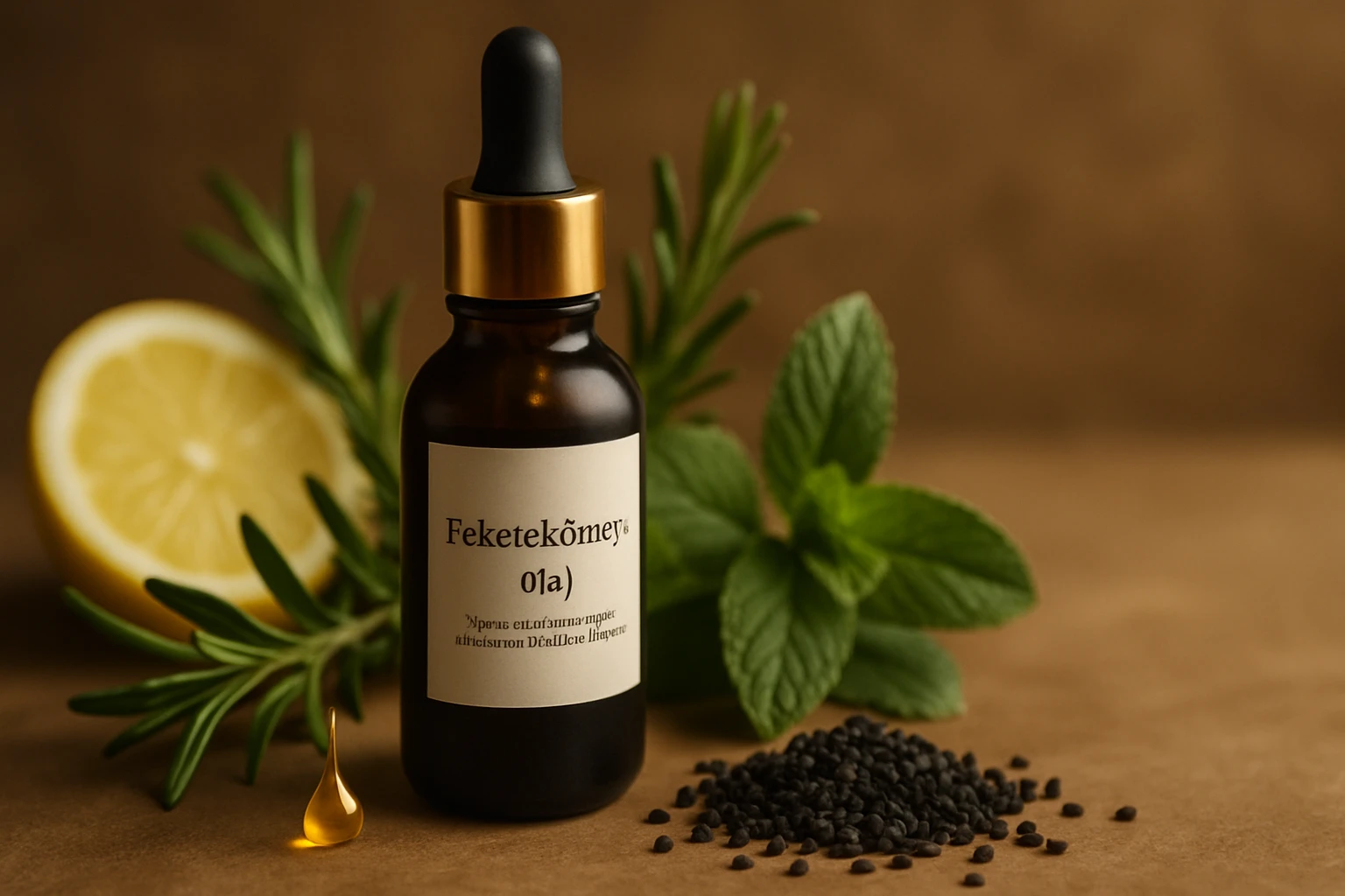Feketekömény-olaj – természetes segítség az immunrendszer erősítésében 2 Feketeköménymag olaj üvegpalackban, citrom és friss fűszernövények mellett.