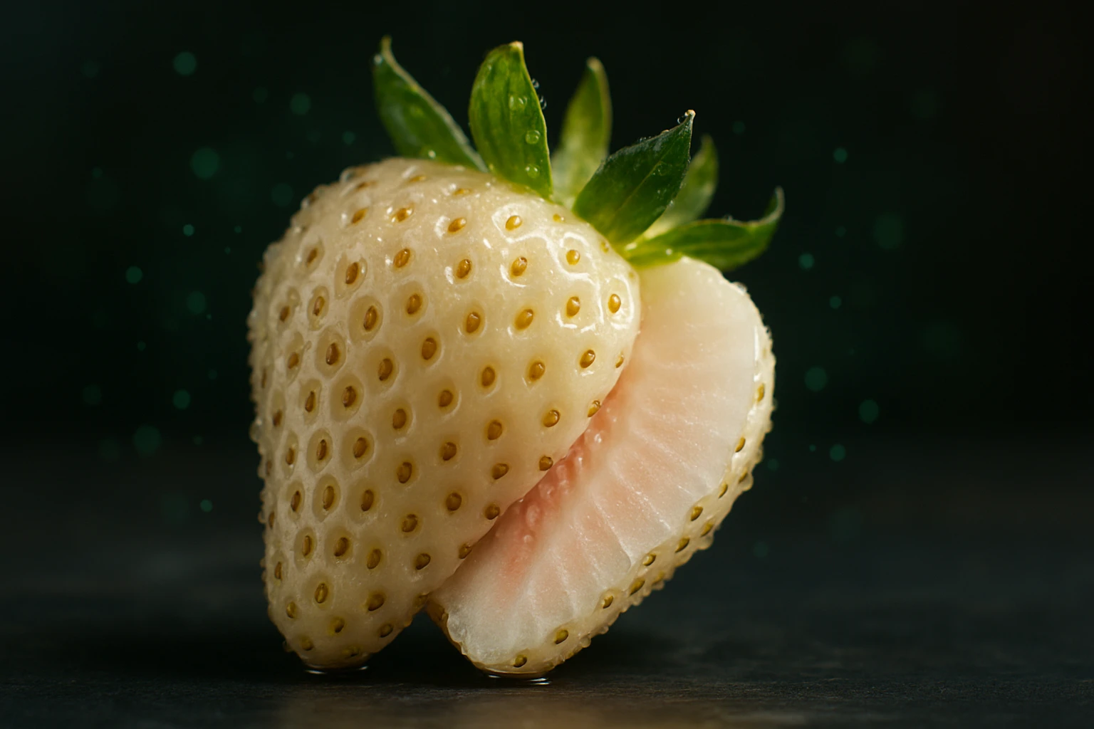 Egy félbevágott, világos színű eper, zöld levéllel a tetején.