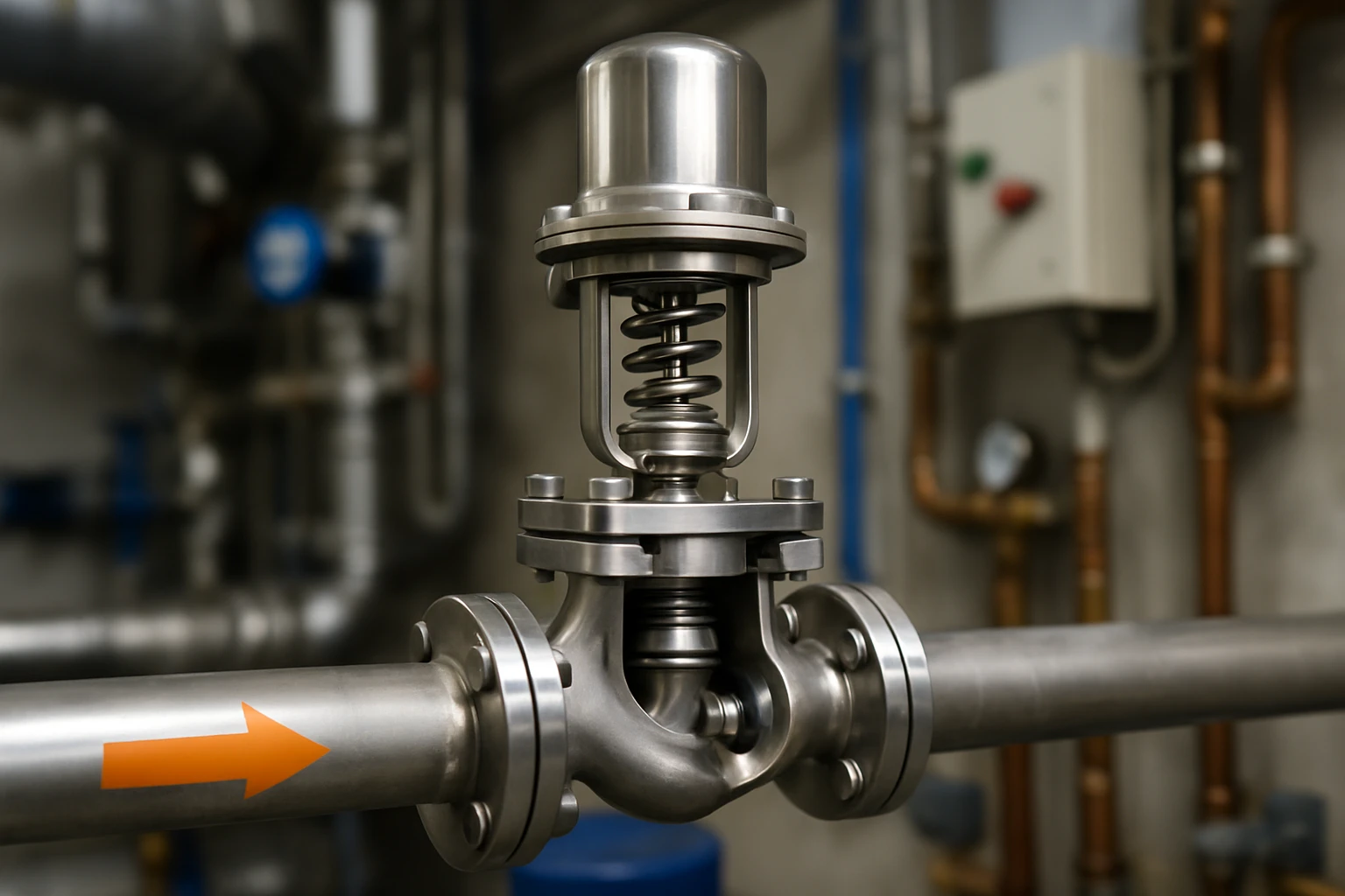 Jakab-szelep – működés és alkalmazás a gépészetben 2 Fém szelep látható, amely a csővezetékben helyezkedik el, rugós mechanizmussal.