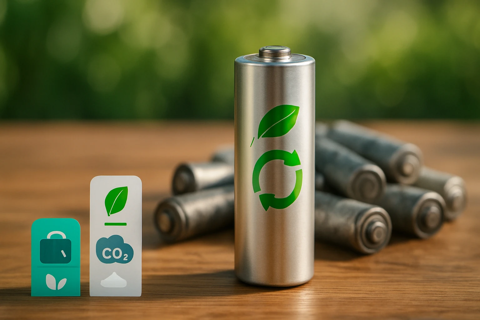 Újratölthető elemek: Miért éri meg környezetbarát megoldásra váltani? 8 Egy újrahasznosítható elem zöld levél és körforgás szimbólummal, háttérben használt elemekkel.