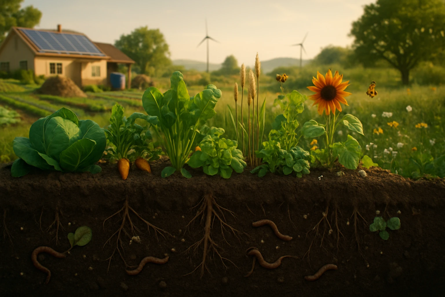 Biogazdálkodás – az egészséges talaj és fenntartható jövő kulcsa 10 Zöldségek és virágok a talajban, napfényes vidéki tájjal a háttérben.