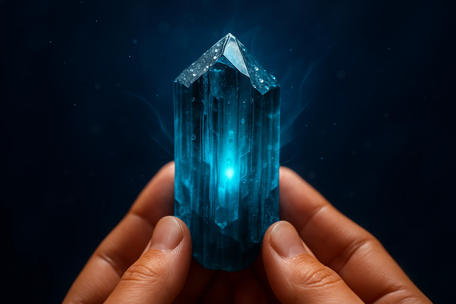 Kék kristályt tartó kéz, amely fénylő hatást kelt a sötét háttér előtt.