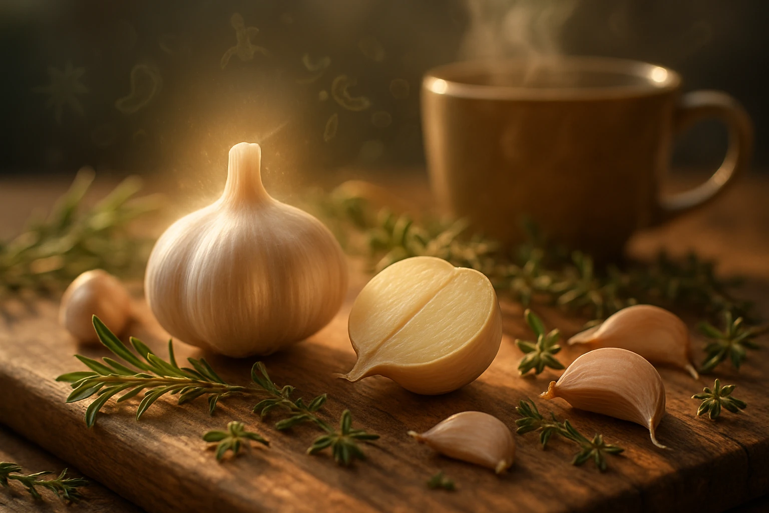 Friss fokhagyma, felvágva és egészben, fűszernövényekkel egy fából készült deszkán.