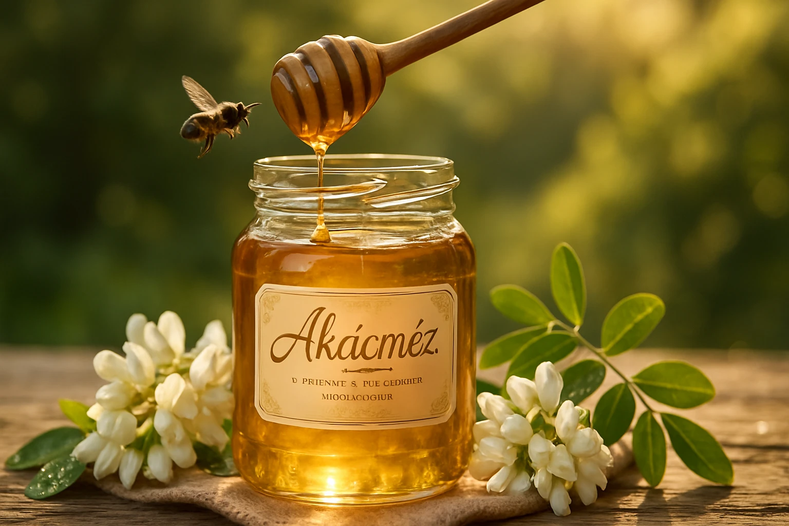 Akácméz – a természet édes ajándéka a vitalitásért 2 Egy üveg akácméz, mézes kanállal, virágokkal és egy méhecskével.
