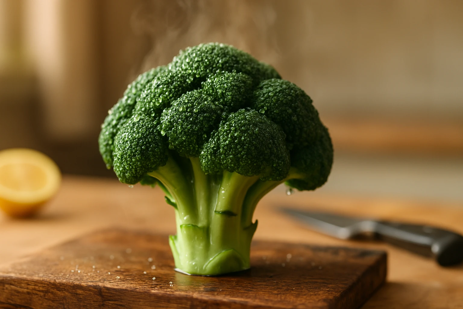 Brokkoli – a superfood, amit minden nap érdemes fogyasztani 8 Friss, gőzölgő brokkoli egy vágódeszkán, csepp víz látható rajta.