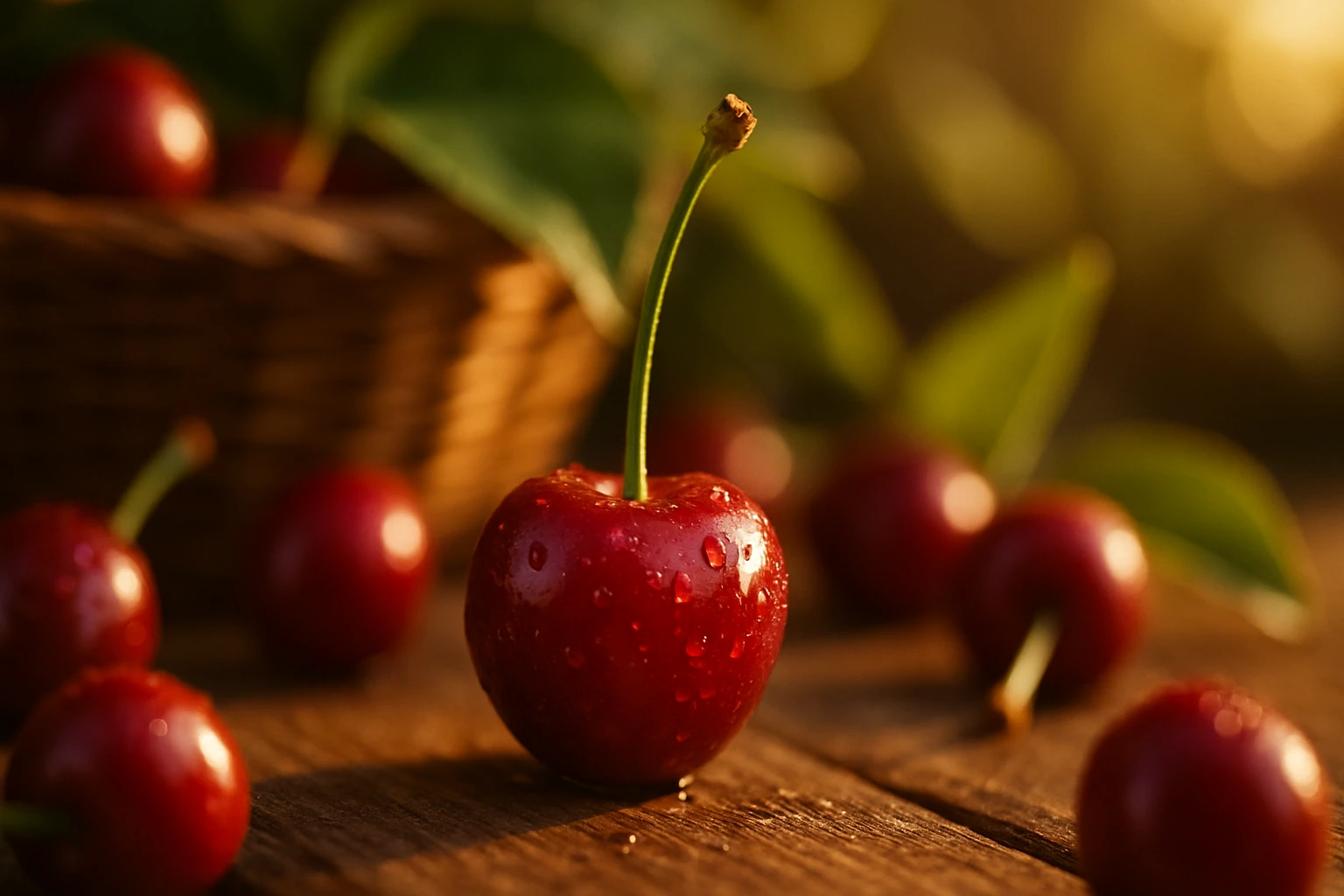 Cseresznye – édes gyümölcs, ami feltölt energiával és vitaminokkal 2 Friss, csillogó cseresznye egy fából készült asztalon, vízcseppekkel.