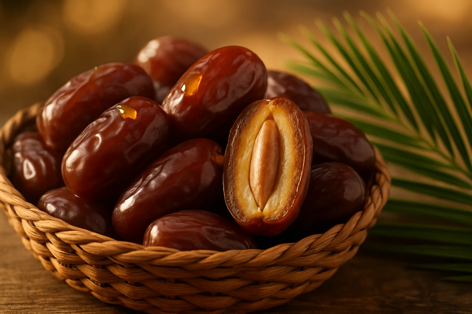 Datolya – az édes gyümölcs, ami jót tesz a testednek 4 Egy kosárban friss, érett datolyák, köztük egy félbevágott datolya látható.