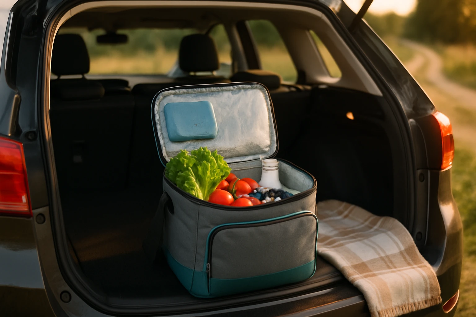 Élelmiszerek hűtése autós hűtőtáskával – frissesség útközben is 2 Egy autó csomagtartójában lévő hűtőtáska friss zöldségekkel és gyümölcsökkel.