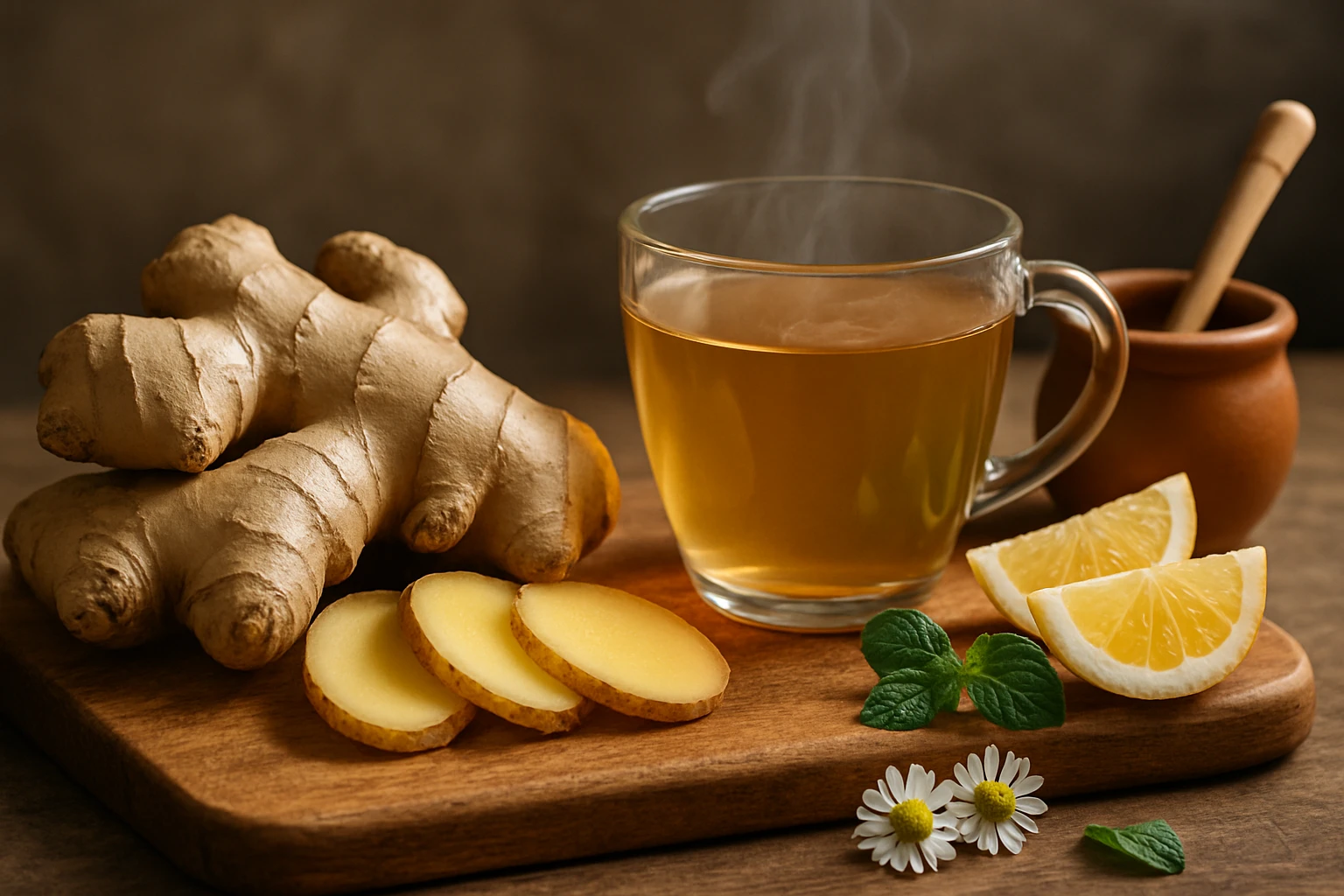 Gyömbér – természetes csodaszer az egészséged megőrzéséhez 2 Friss gyömbérgyökér, szeletek, citrom és gőzölgő gyömbértea egy fából készült deszkán.
