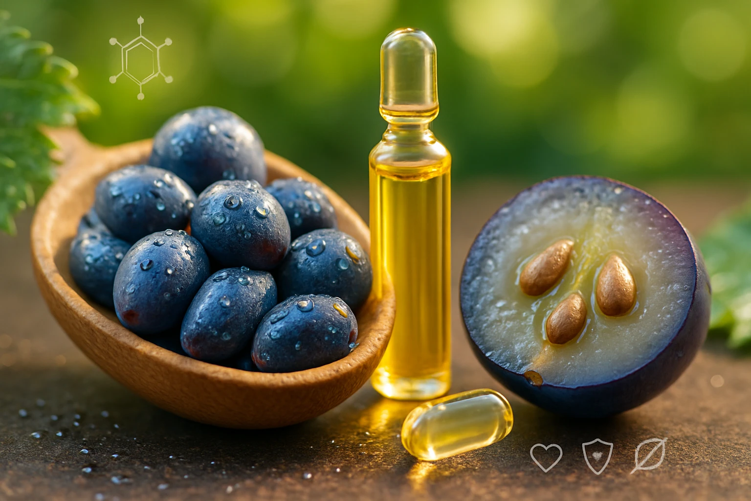 Egy fából készült tálban friss, vízcseppekkel borított gyümölcsök és olajjal töltött üveg.