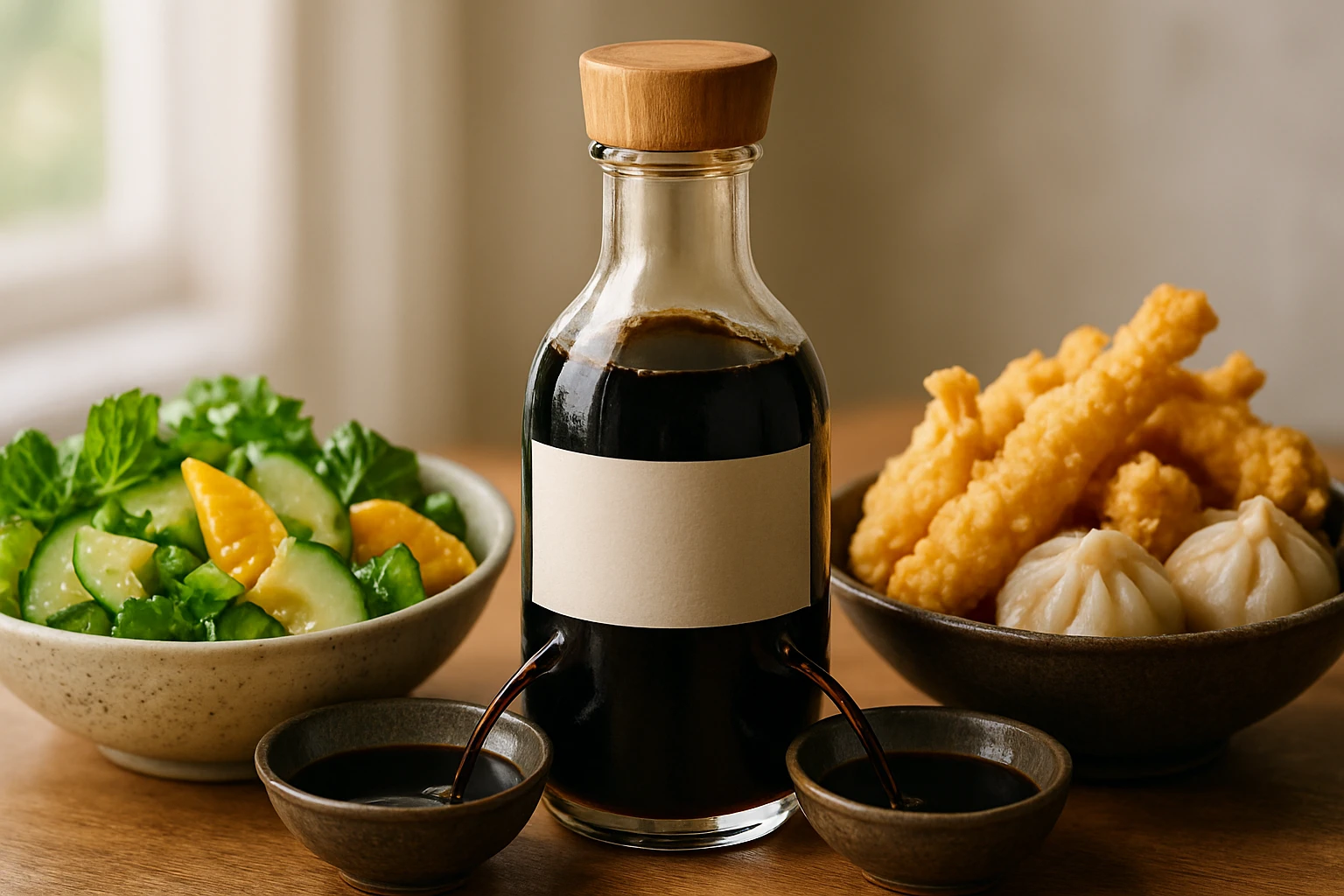 Egy üveg szósz, friss saláta és különböző étkezési falatok mellett.