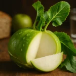 Friss karalábé, levéllel és egy szelet levélzöldséggel, fából készült asztalon.