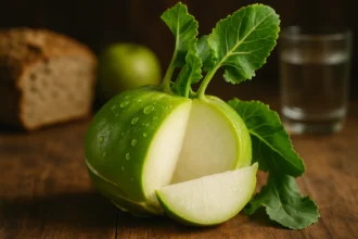 Karalábé: A rostban gazdag zöldség az egészséges emésztésért és vitalitásért 69 Friss karalábé, levéllel és egy szelet levélzöldséggel, fából készült asztalon.