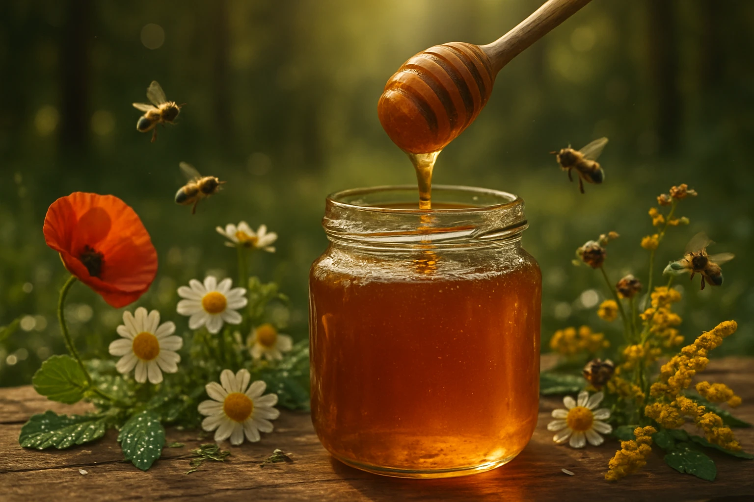 Erdei méz: Természetes immunerősítő és gyógyító kincs 4 Egy üveg méz, amelyből mézcsöppek hullanak, virágokkal és méhekkel körülvéve.