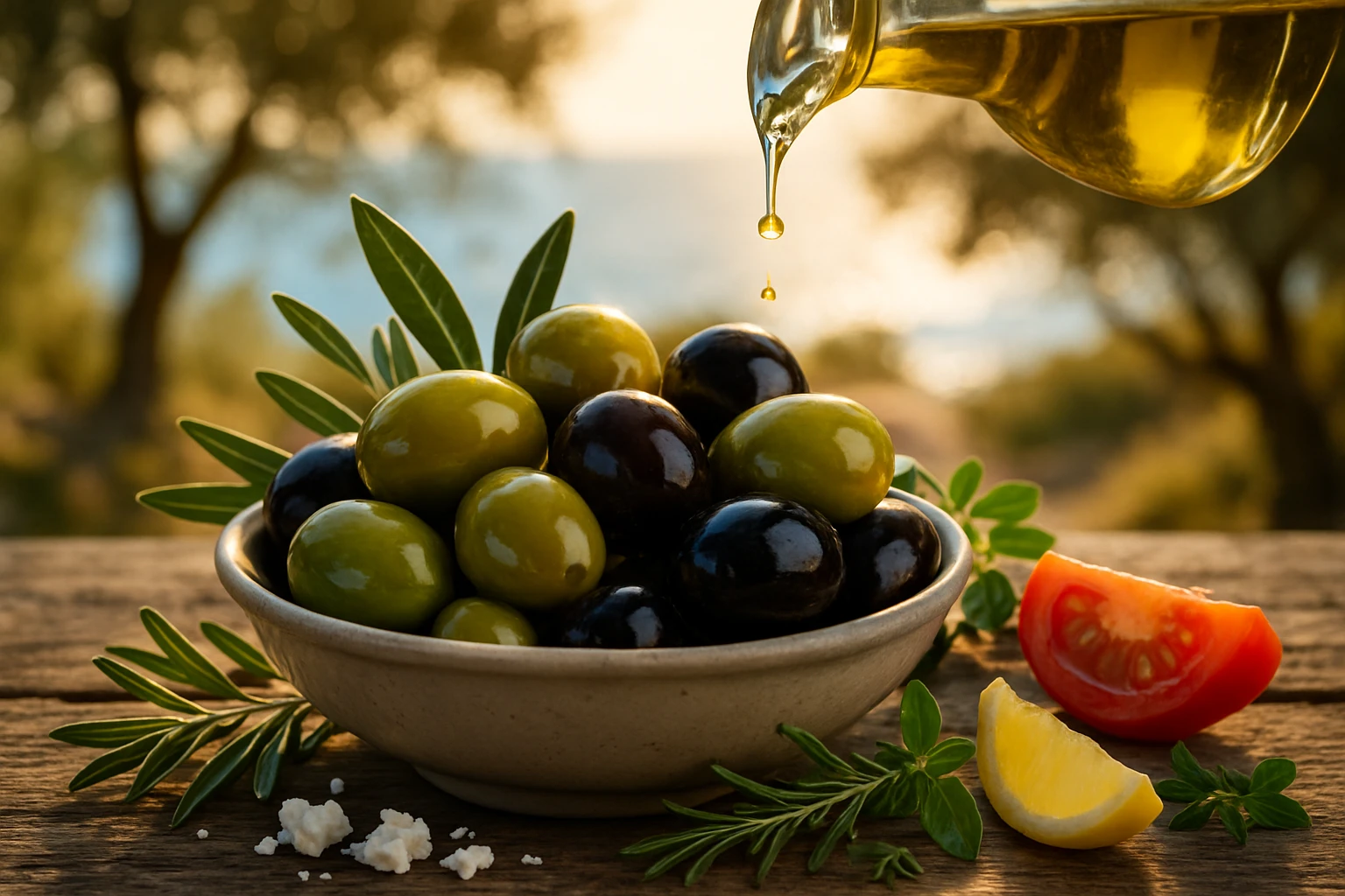 Olívabogyó: A mediterrán diéta szuperétele az egészség szolgálatában 8 Egy tálban zöld és fekete olívabogyók, friss fűszernövények és zöldségek mellett.