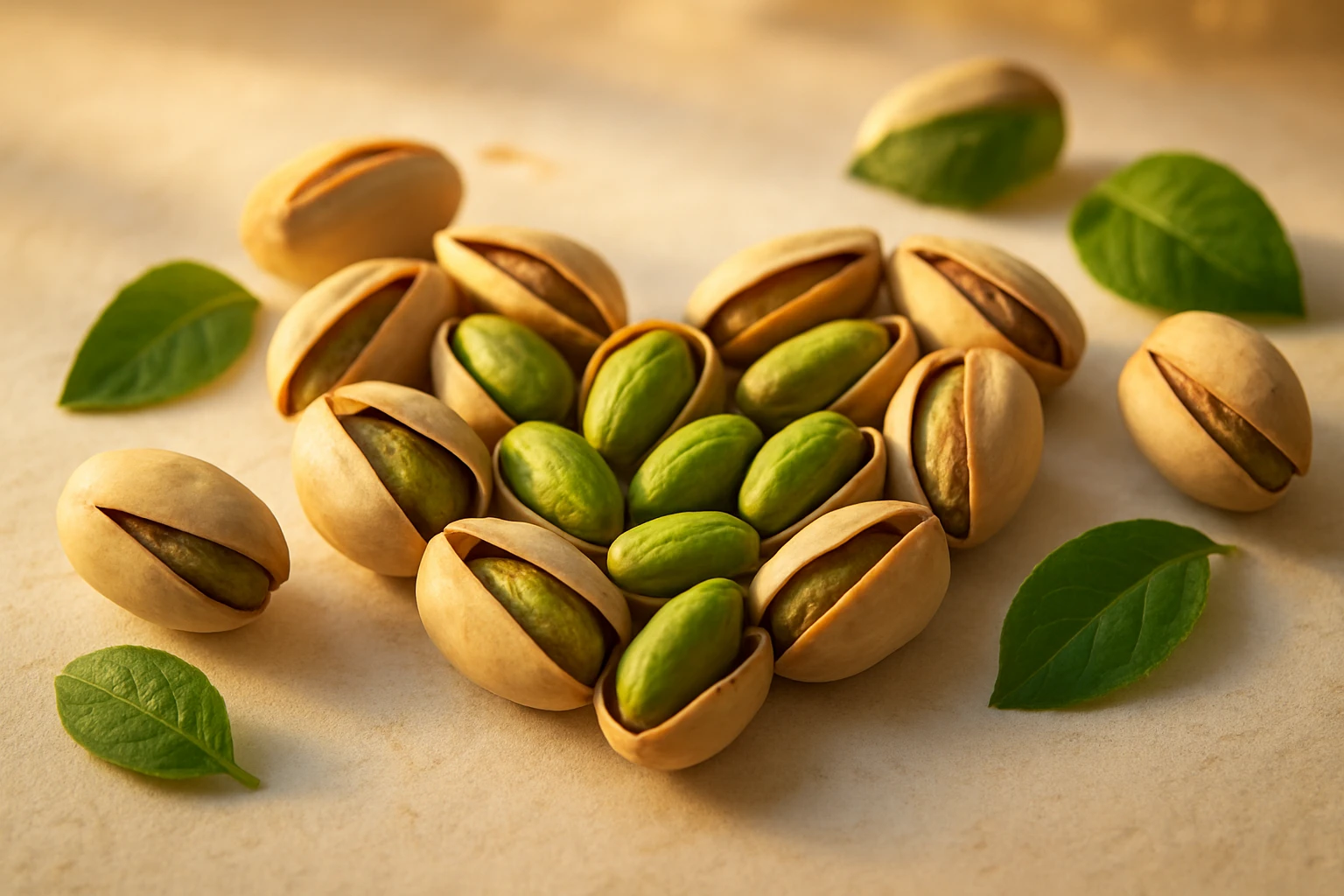 Pisztácia: A zöld arany, ami jót tesz a szívnek és az egészségnek 31 Pisztrángos diófélék, zöld héjjal és világos héjjal, levelekkel körülvéve.