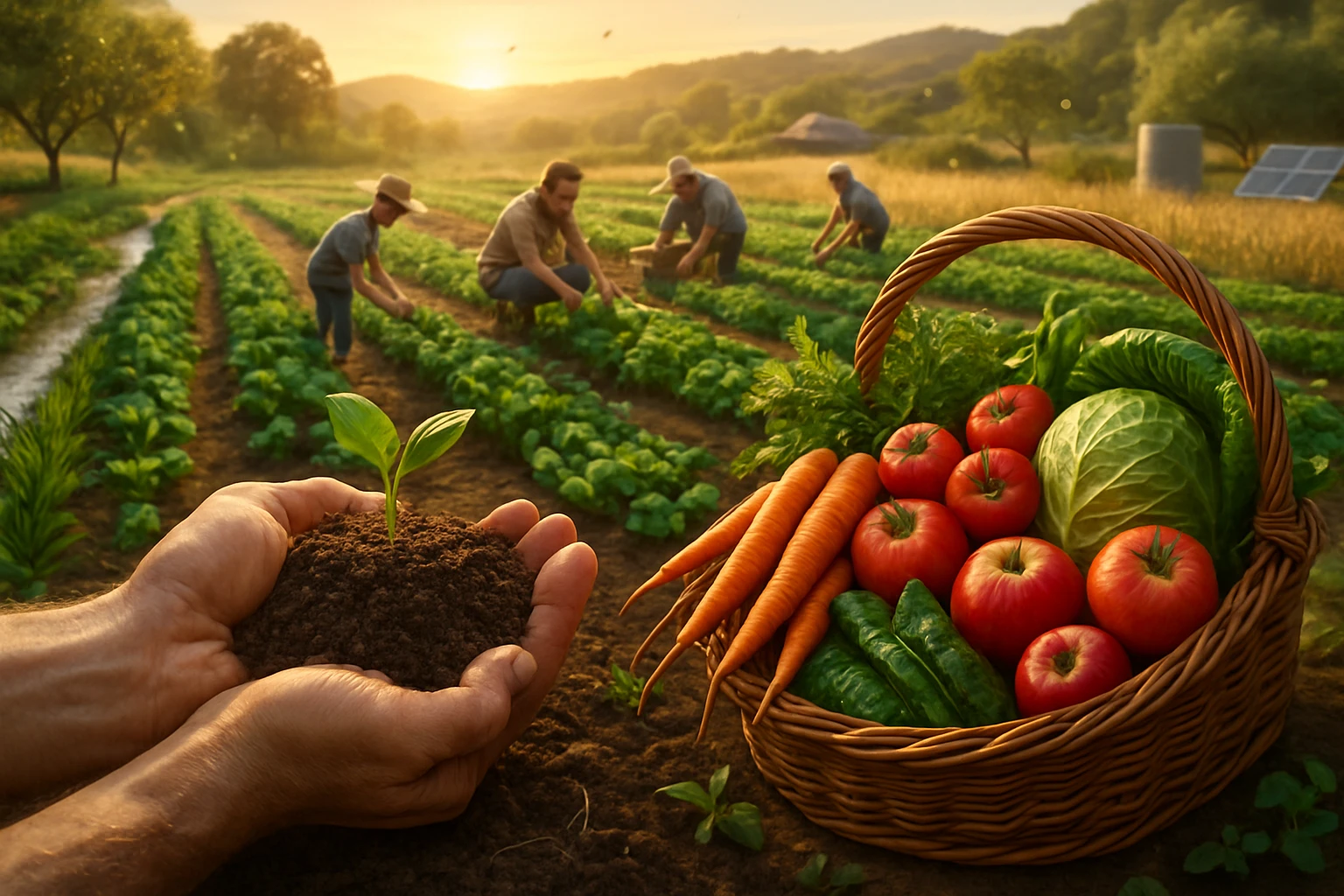 Biogazdálkodás – a fenntartható egészség és élelmezés kulcsa 2 Két kézben egy friss palánta, mögötte zöldségeket ültető emberek a mezőn.