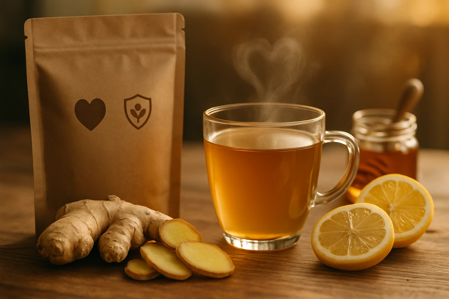 Gyömbértea – természetes segítség a vérnyomás és immunrendszer támogatásában 2 Egy csésze gőzölgő gyömbértea, friss gyömbér és citromszeletek mellett.