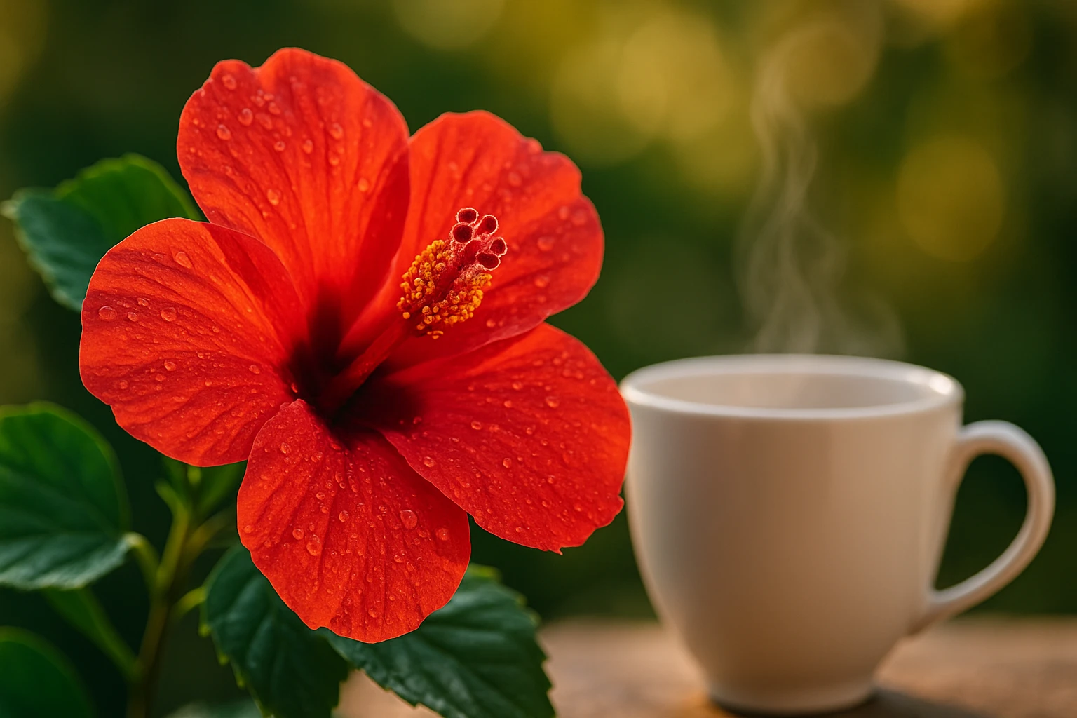 Hibiszkuszvirág – természetes szépség és egészség forrása 4 Egy élénkpiros hibiszkusz virág cseppfolyós levelekkel, mellette egy gőzölgő bögre.