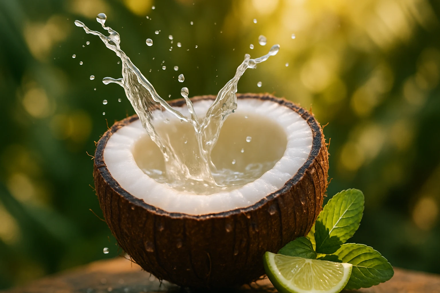 Kókuszvíz – természetes hidratálás belülről 2 Kókuszdióból friss víz fröccsen ki, zöld háttérrel.