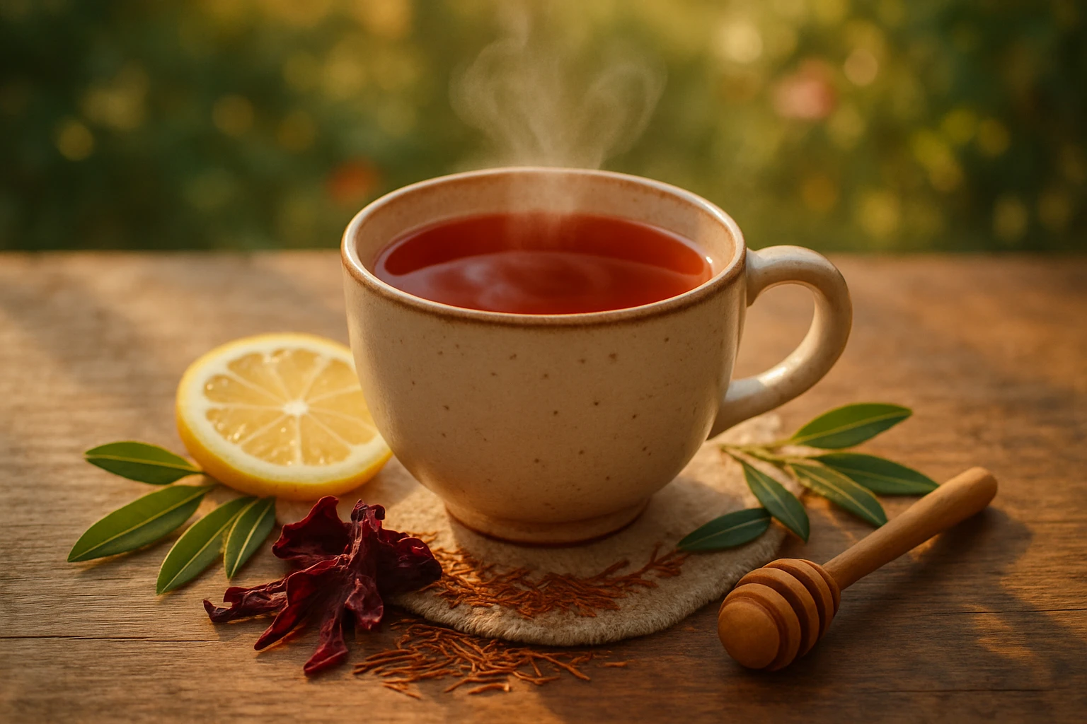 Vörös tea: Természetes út az egészség és vitalitás megőrzéséhez 19 Gőzölgő tea egy fehér bögrében, citromszelettel és mézes kanállal.