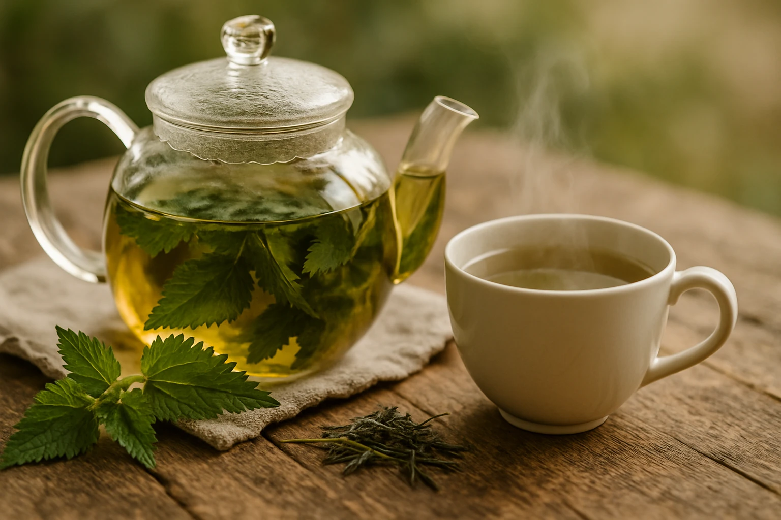 Csalántea – a természet ajándéka az egészségért 4 Egy üveg teáskanna friss zöld teával és mentalevelekkel, mellette egy gőzölgő csésze tea.