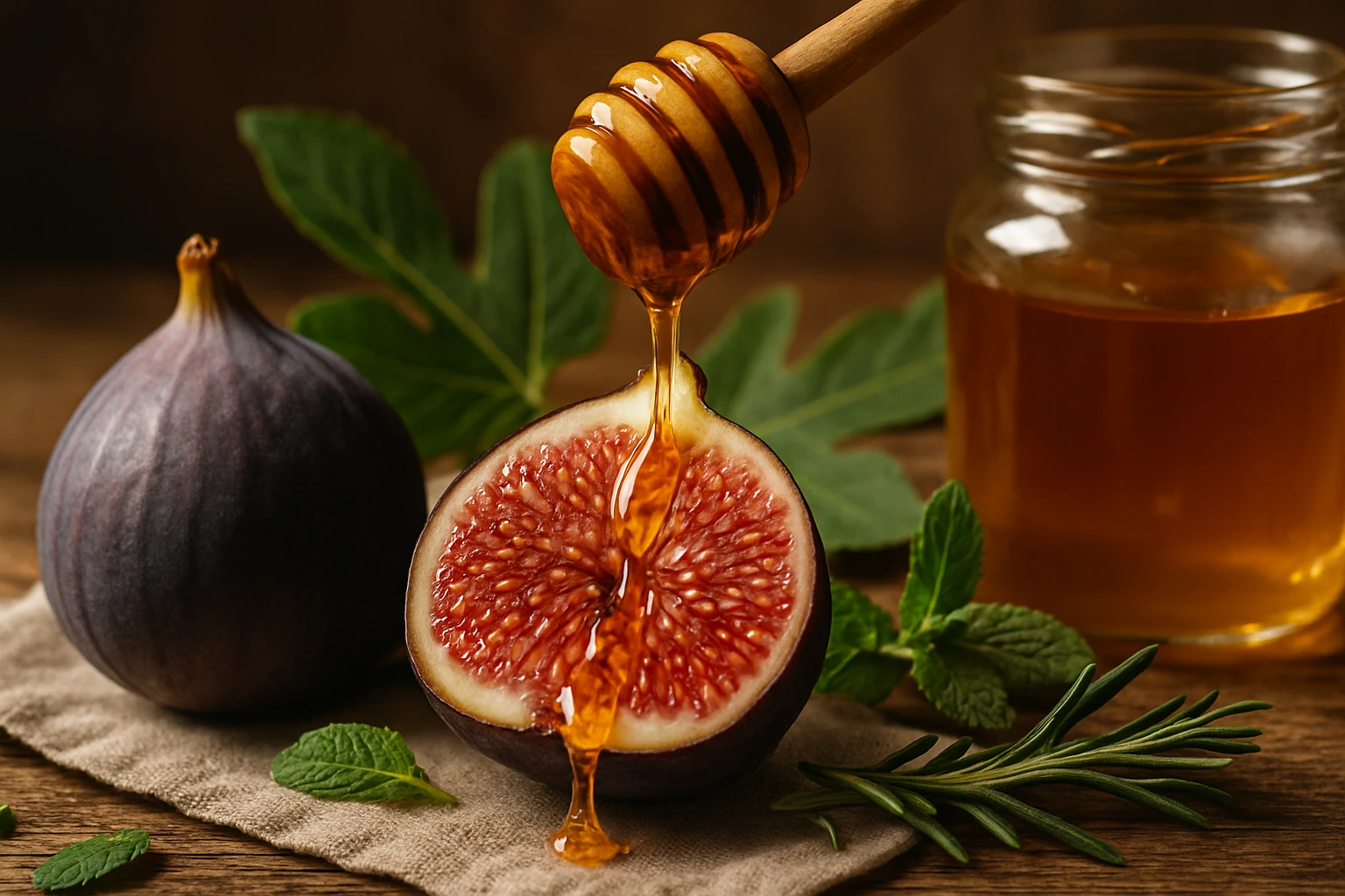 Füge – az egészségmegőrzés édes titka 2 Félbevágott füge mézzel, friss fűszernövényekkel és üveg mézzel.