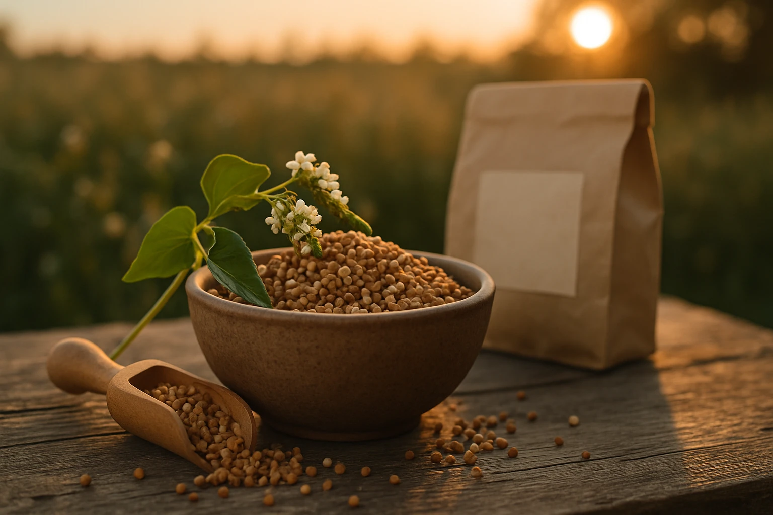 Hajdina – az elfeledett szuperélelmiszer újra felfedezve 2 Egy tálban fűszeres magvak, mellette virág és papírzacskó, naplementében.