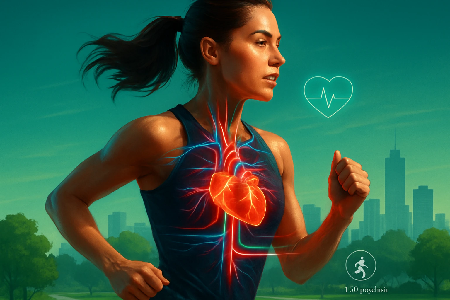 Kardióedzés: A szív és érrendszer egészségének alapja 8 Futó nő, akinek szívét és érrendszerét grafikus módon ábrázolják.