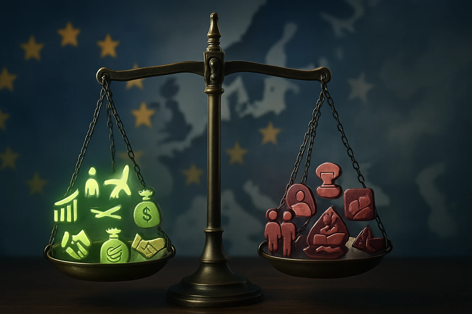 Európai Uniós tagság – mérleg a működő és nem működő elemekről 2 Egy mérleg, amelyen zöld és piros szimbólumok láthatók, a gazdasági és társadalmi tényezők egyensúlyát jelképezve.