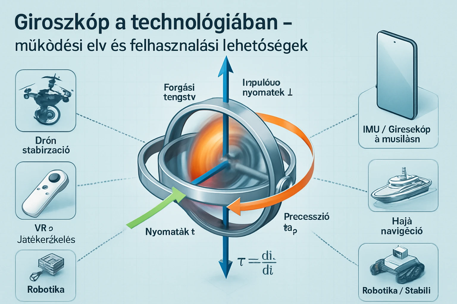 Giroszkóp a technológiában – működési elv és felhasználási lehetőségek 8 Giroszkóp működési elve, alkalmazásokkal drónokhoz, VR-hez és robotikához.