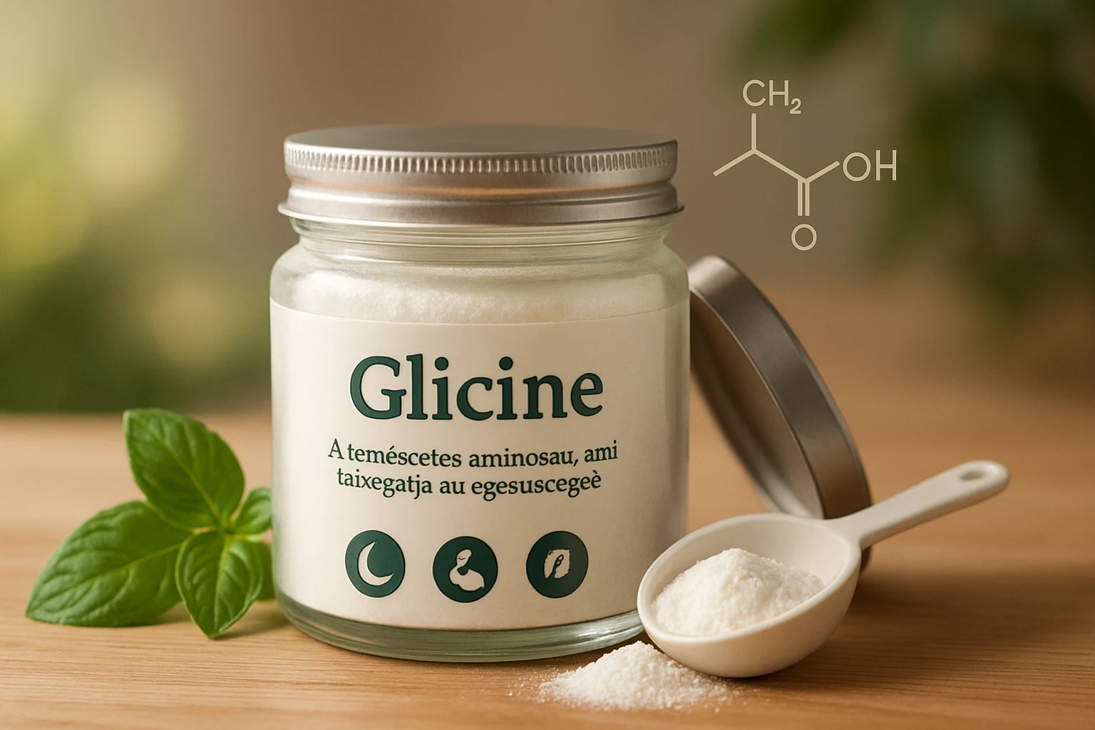 Egy üveg glicin por, mellette egy kis kanál, zöld levél háttérrel.