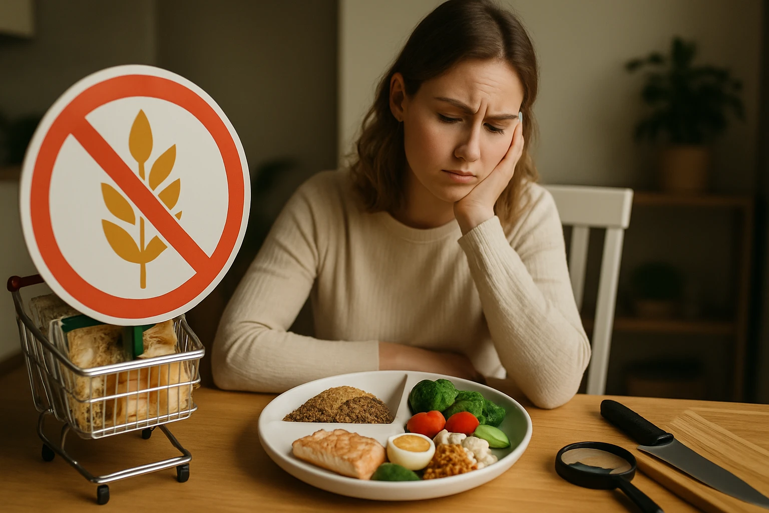 Gluténmentes étkezés – lehetőségek, buktatók és kockázatok 6 Egy nő szomorúan nézi a tányérján lévő egészséges ételeket, miközben egy gluténmentes jelzés látható mellette.