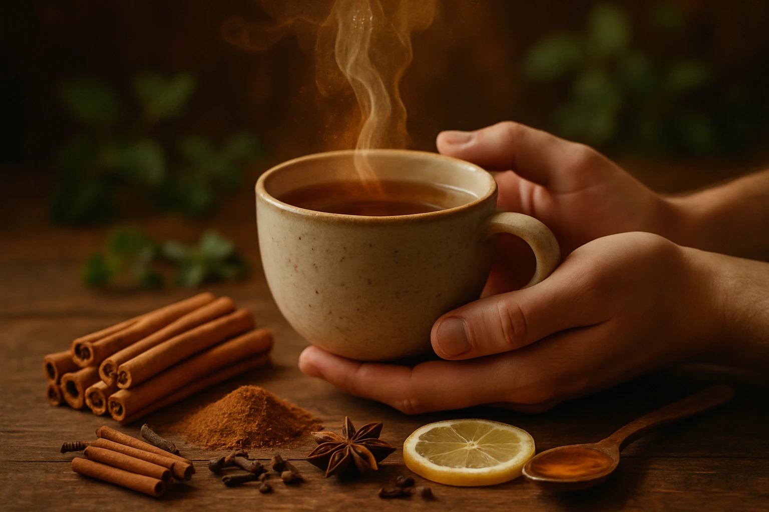 Gőzölgő tea egy kézben, körülötte fűszerek és citromszelet.