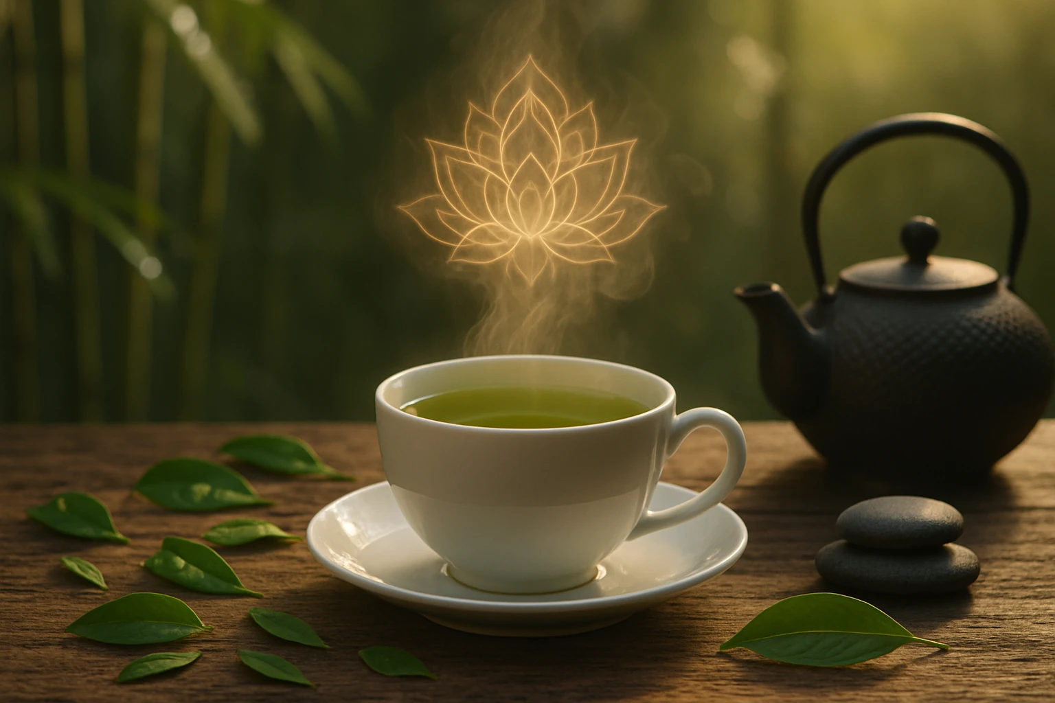 Egy gőzölgő zöld tea a fából készült asztalon, mellette zöld levelek és egy teáskanna.