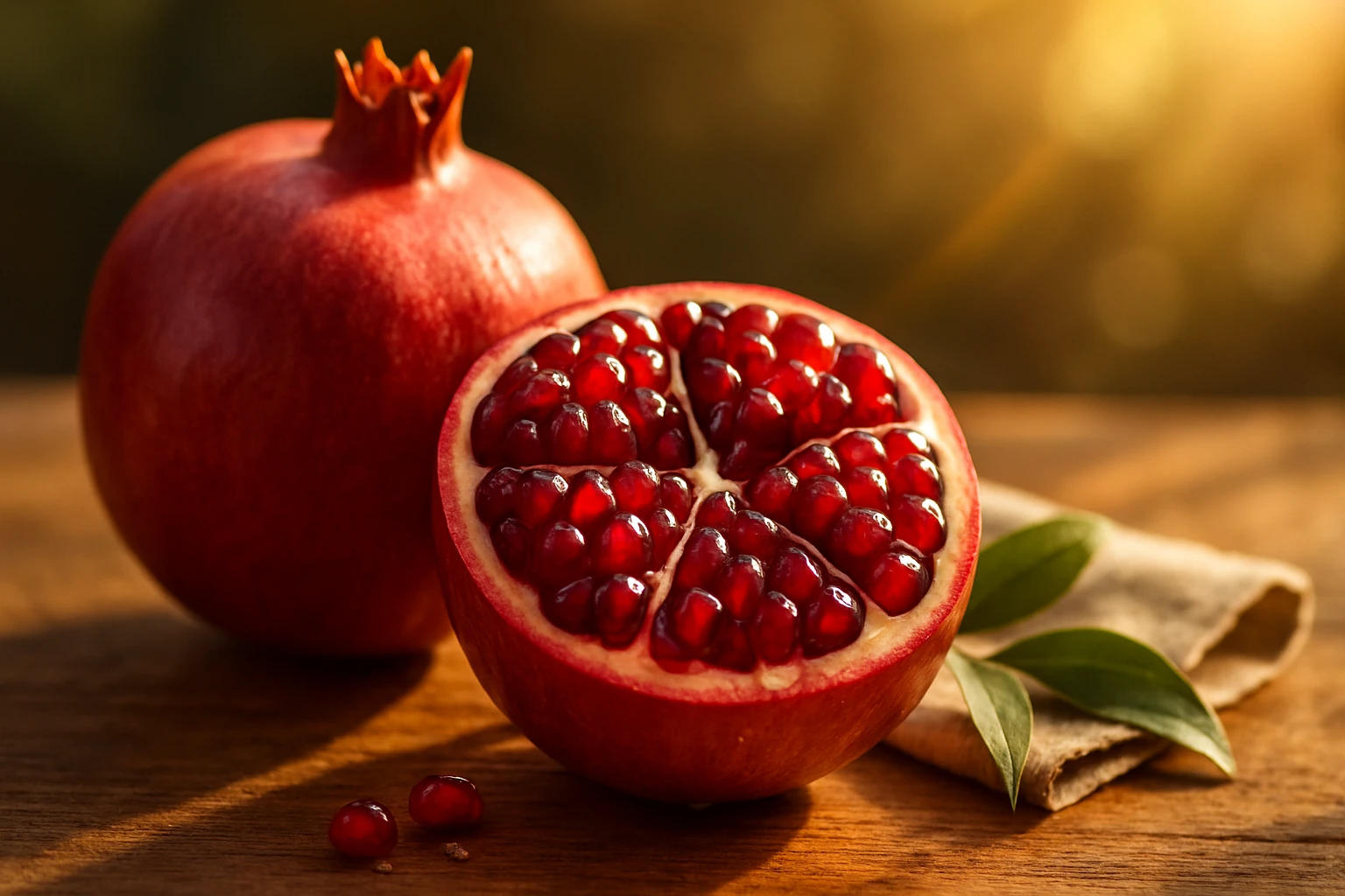 Gránátalma – a szupergyümölcs, amiért a tested hálás lesz 4 Egy félbevágott gránátalma, piros magokkal, háttérben egy egész gyümölcs.