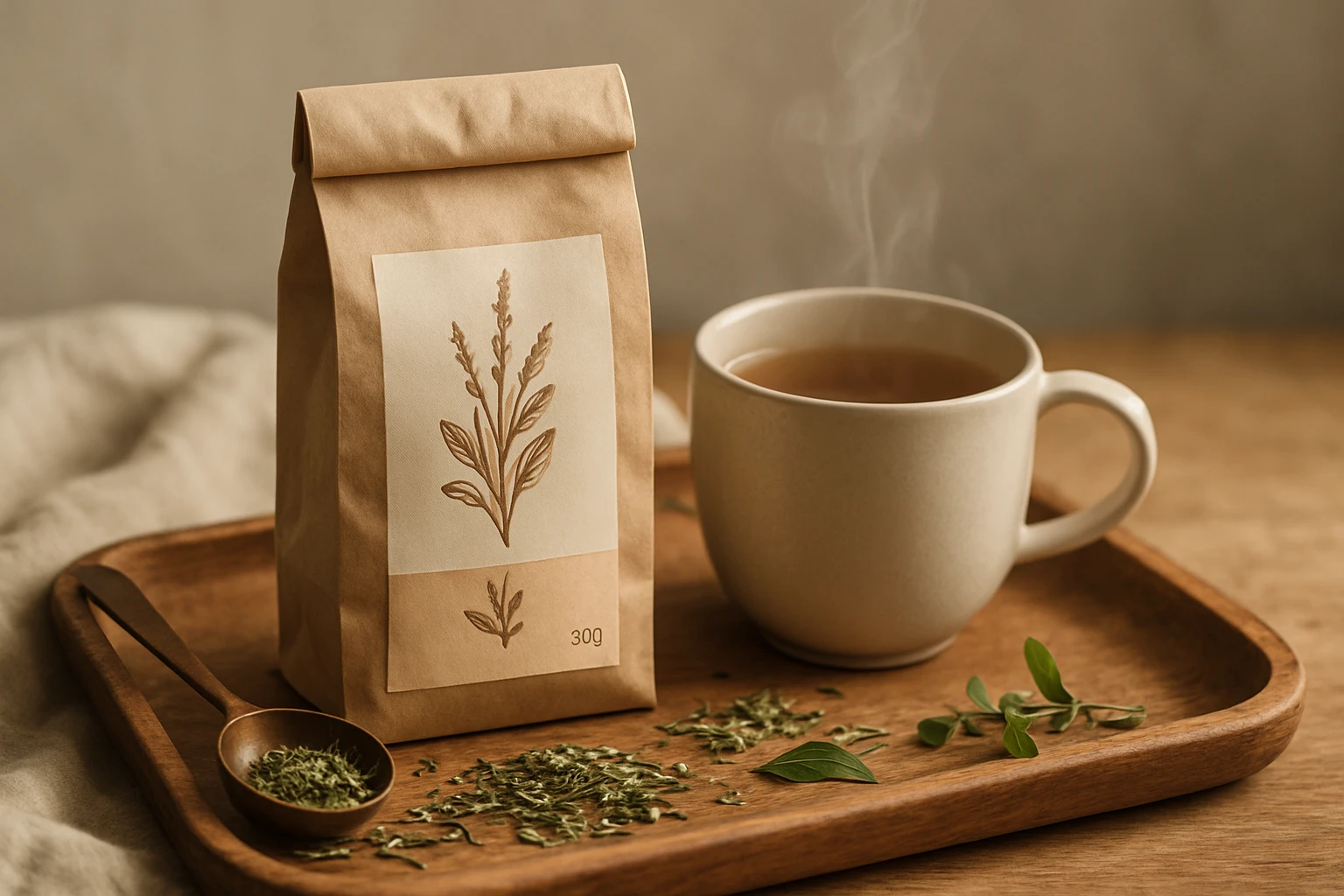 Vasfű tea: Természetes megoldás a mindennapi egészség támogatására 6 Egy csésze gőzölgő tea, mellette egy gyógynövényes tea csomag és szárított levelek.